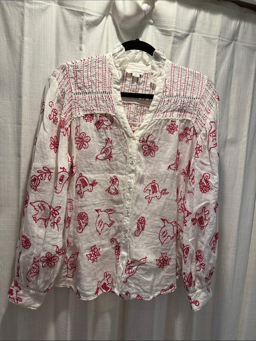 Sundance Embroidered White Button-Front Peasant Top - Red Stitching